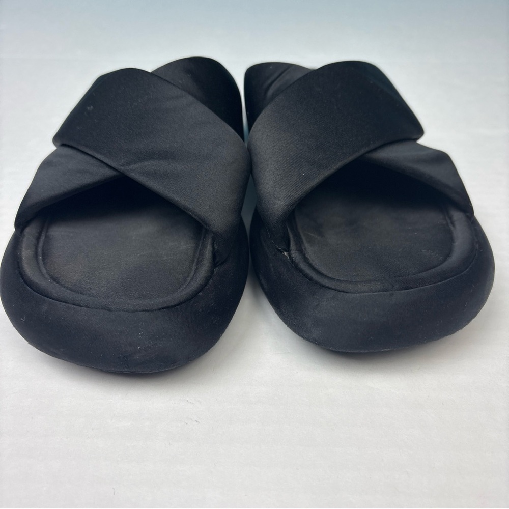 Zara Women Size 37 Slides Sandals Flat Fabric Black Satin Wide Crossed Strap - Picture 5 of 8